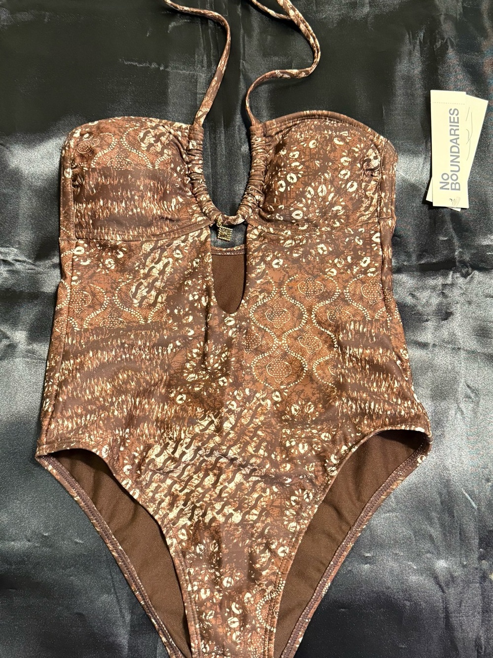 No Boundaries Brown Metallic-Print One-Piece Swimsuit, Size XS (0-2)